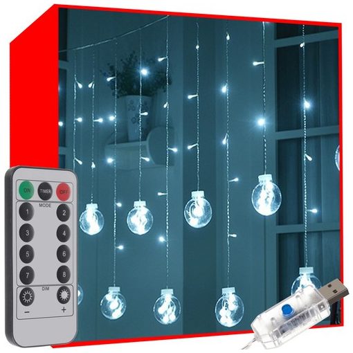 Gömb LED fényfüggöny (108LED, USB, hideg fehér)